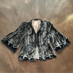 Nanette Lepore Black and Cream Velvet burnout blazer with frill details- size 6